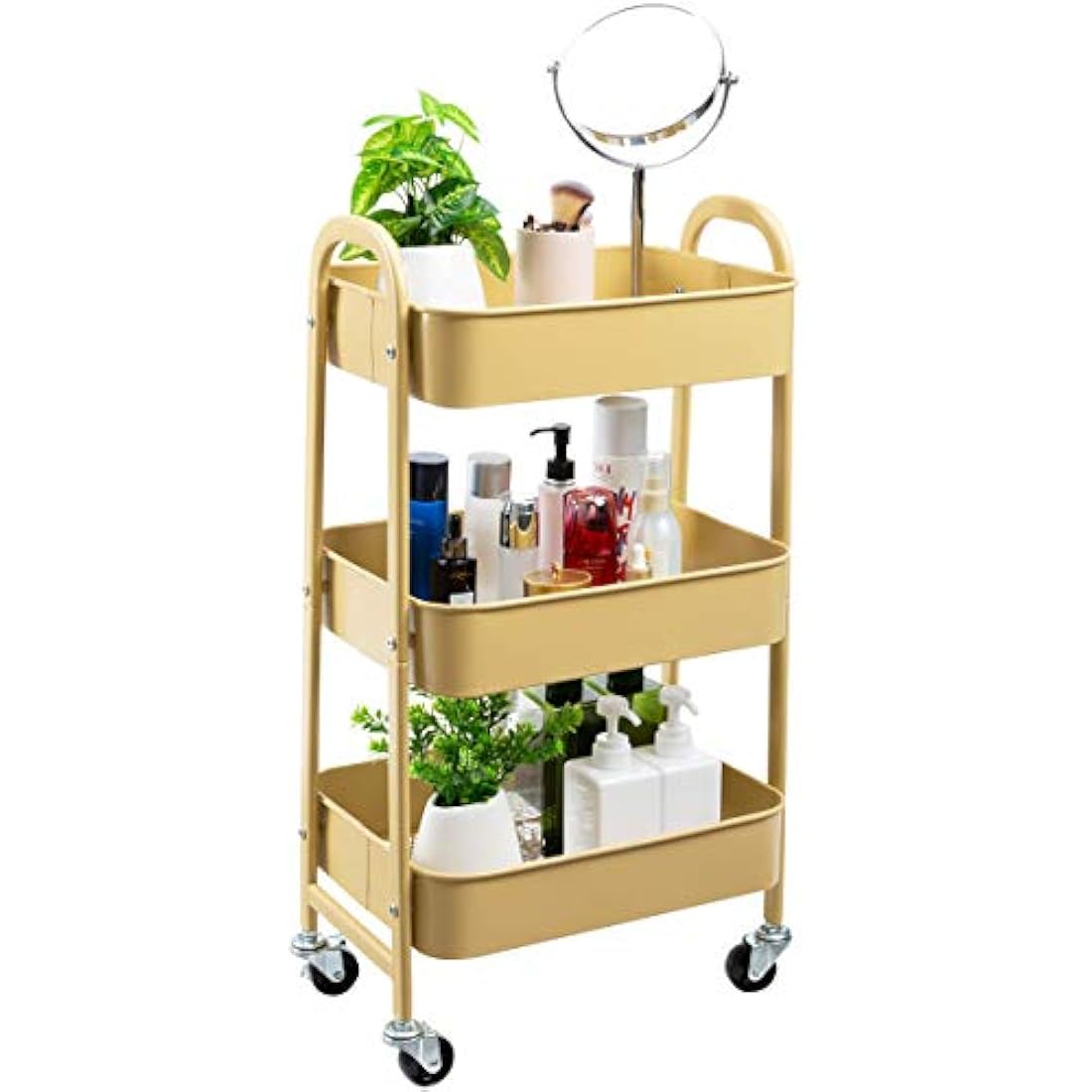 DOEWORKS Storage Trolley on Wheels 3-Tier Metal Storage Cart Rolling Kitchen Trolley Beauty Trolleys Craft Trolleys Utility Cart for Room Bathroom Office, Khaki Yellow