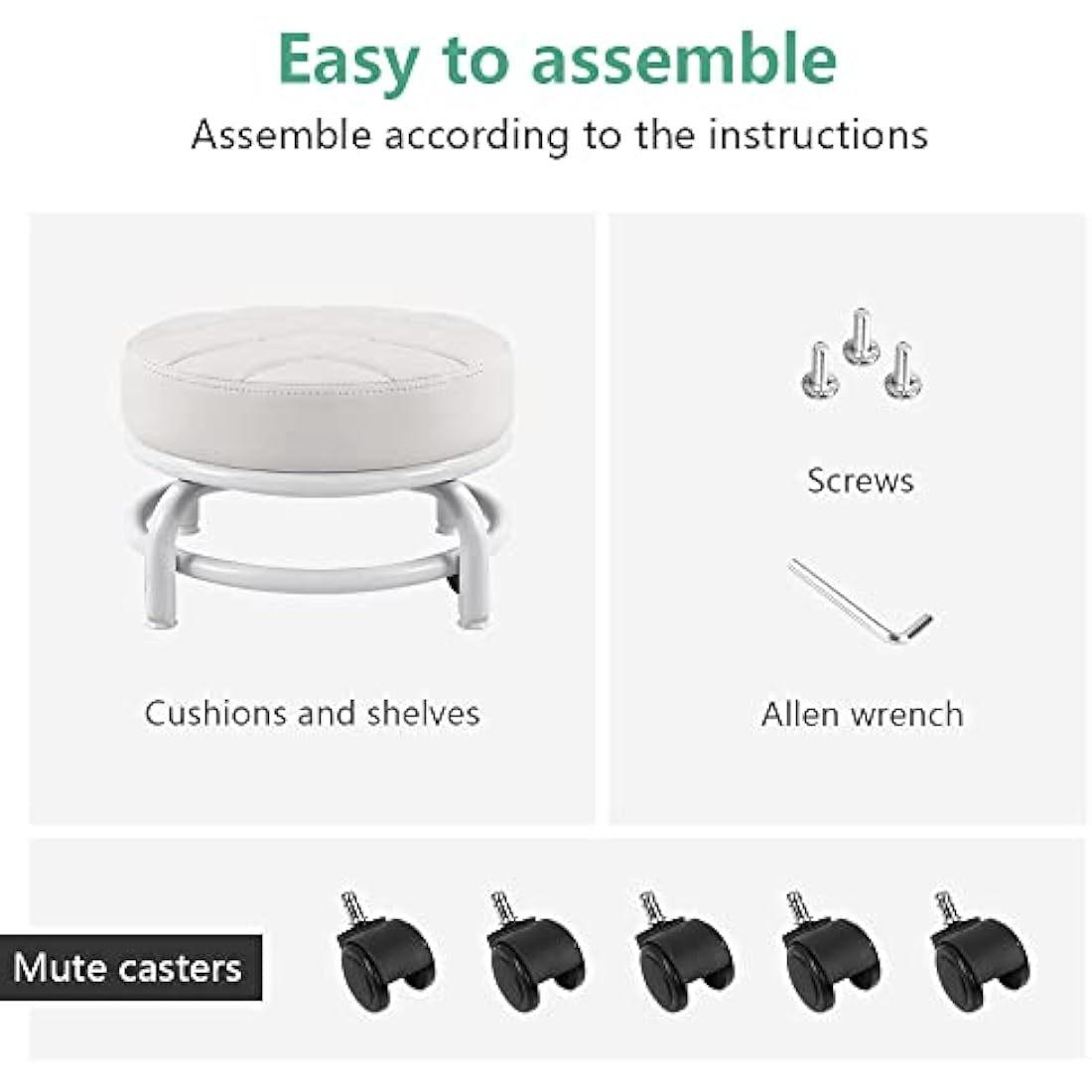 FURWOO Roller Seat PU Leather Low Round Rolling Floor Stool with Universal Caster Wheels for Home Fitness Sport Pedicure Stool, H：25.5cm(White)