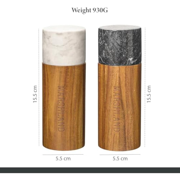 Marshland UK Salt and Pepper Grinder Set - Spice Grinder Made from Acacia Wood and Marble, Set of 2 Salt Grinder and Pepper Mill - Wood Color