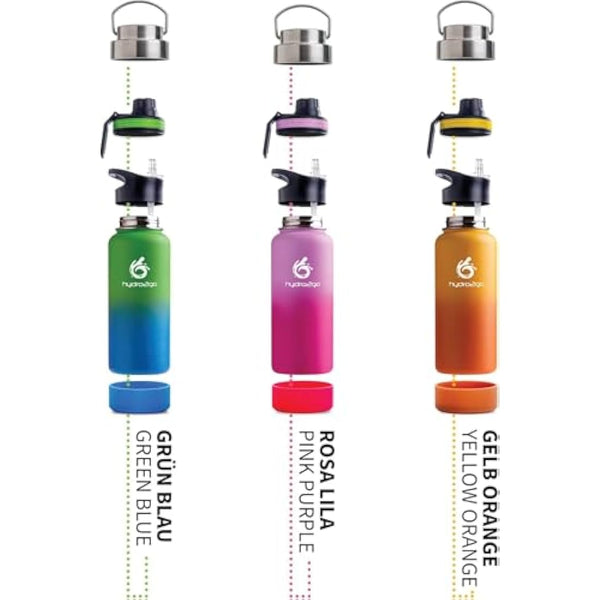 hydro2go Stainless Steel Water Bottle – BPA-Free Bottle for Kids, School, Sports & Outdoor – Keeps Drinks Hot for up to 12H and Cold for up to 24H – Includes 3 Drinking Caps – 950 ml (Earth)