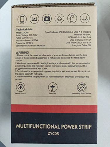 Tower Extension Lead, (3250W 13A) Extension Tower 8 AC Outlets & 4 USB Ports, Surge Protection Extension Lead with 4 Independent Switch, 17W USB C Ports Extension Cable 3M for Office, Home, Kitchen