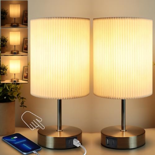 HSLighting Bedside Lamps, Touch Control Table Lamp with Metal Base 3-Way Brightness Changing Dimmable USB A+C Charging LED Light Bulbs Desk Lamp Minimalist Night Light for Bedroom Living Room, 2 Pack