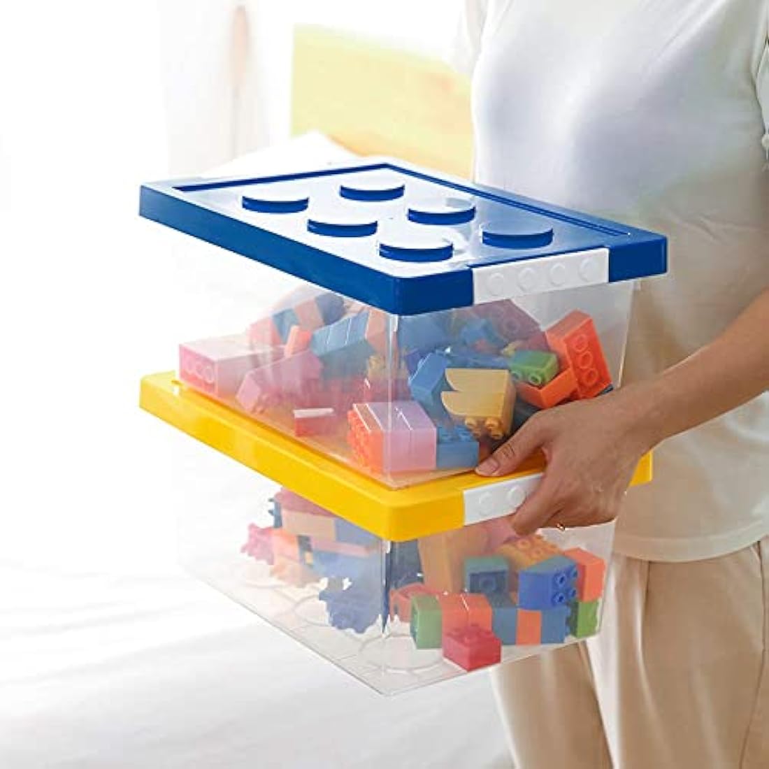 Greentainer Toy Storage Organizer Bins with Lid - Stackable Plastic Box Set of 2, Kids Chests Compatible Building Baseplate and Lid, Container for Bricks & Toys, Blue
