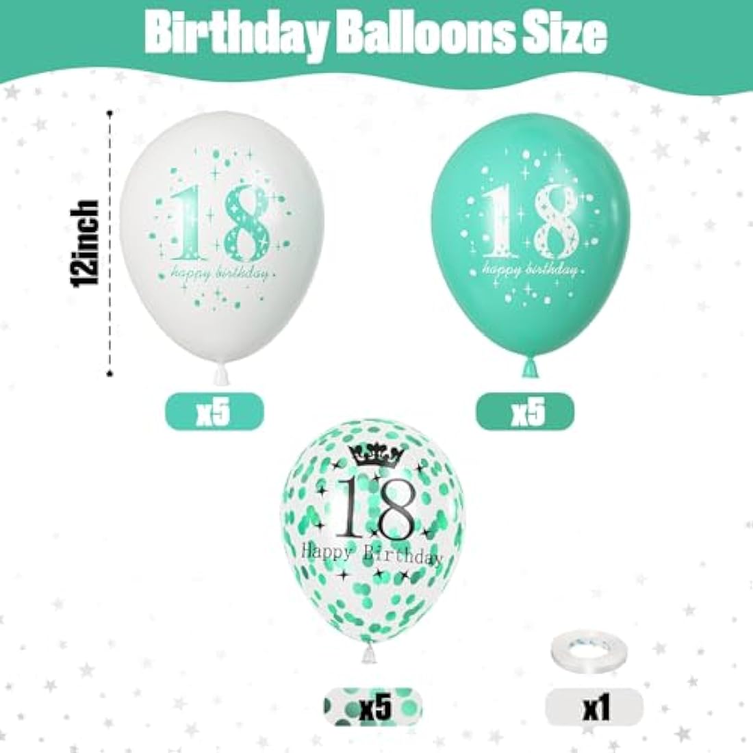 Happy 18th Birthday Decorations for Boys, Turquoise White Confetti 18th Birthday Latex Balloons for Girls, 15 Pieces Teal White 18th Party Decorations for Age 18 Years Old Birthday Decor Supplies