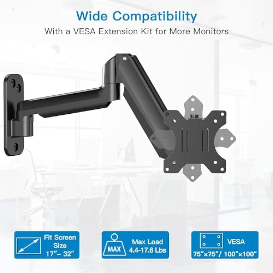 HUANUO 17-32 Inch Monitor Wall Mount Bracket for Computer TV Screens Adjustable Gas Spring Single Monitor Arm Support 8 kg VESA 75x75 mm, 100x100 mm