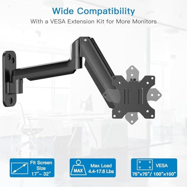 HUANUO 17-32 Inch Monitor Wall Mount Bracket for Computer TV Screens Adjustable Gas Spring Single Monitor Arm Support 8 kg VESA 75x75 mm, 100x100 mm