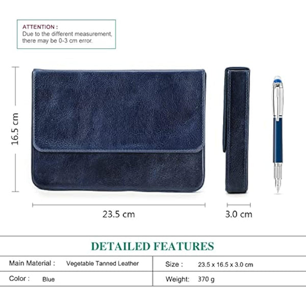 Hiram Leather Pen Case for 12 Pens Vegetable Tanned Leather Fountain Pen Storage Box with Hidden Magnetic Snap Closure and Pens Tray Design (Blue)