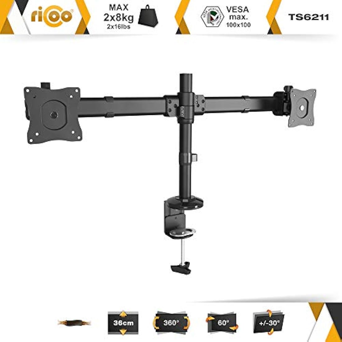 RICOO Dual Monitor Stand Tilt TS6211 Swivel 13-27 Inch VESA 75x75 100x100 Double Arm Mounting System LED LCD Screen Desk Mount Black