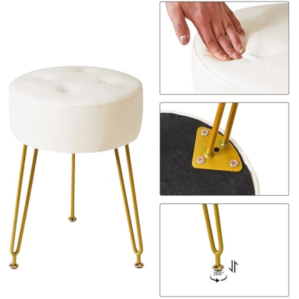 IBUYKE Faux Leather Round Footrest Stool, Makeup Vanity Stool Side Table, PU Dressing Table Seat, Pouf Couch Stool, Golden Steel Legs, White L/G-31W