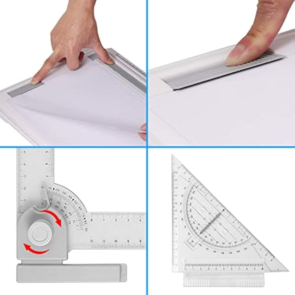 eSynic A4 Drawing Board Set A4 Multifunction Drafting Table Adjustable Measuring System Angle Parallel Motion Drawing Board with Protractor, Paper Locator, Sliding Ruler, Anti Slip Support Leg