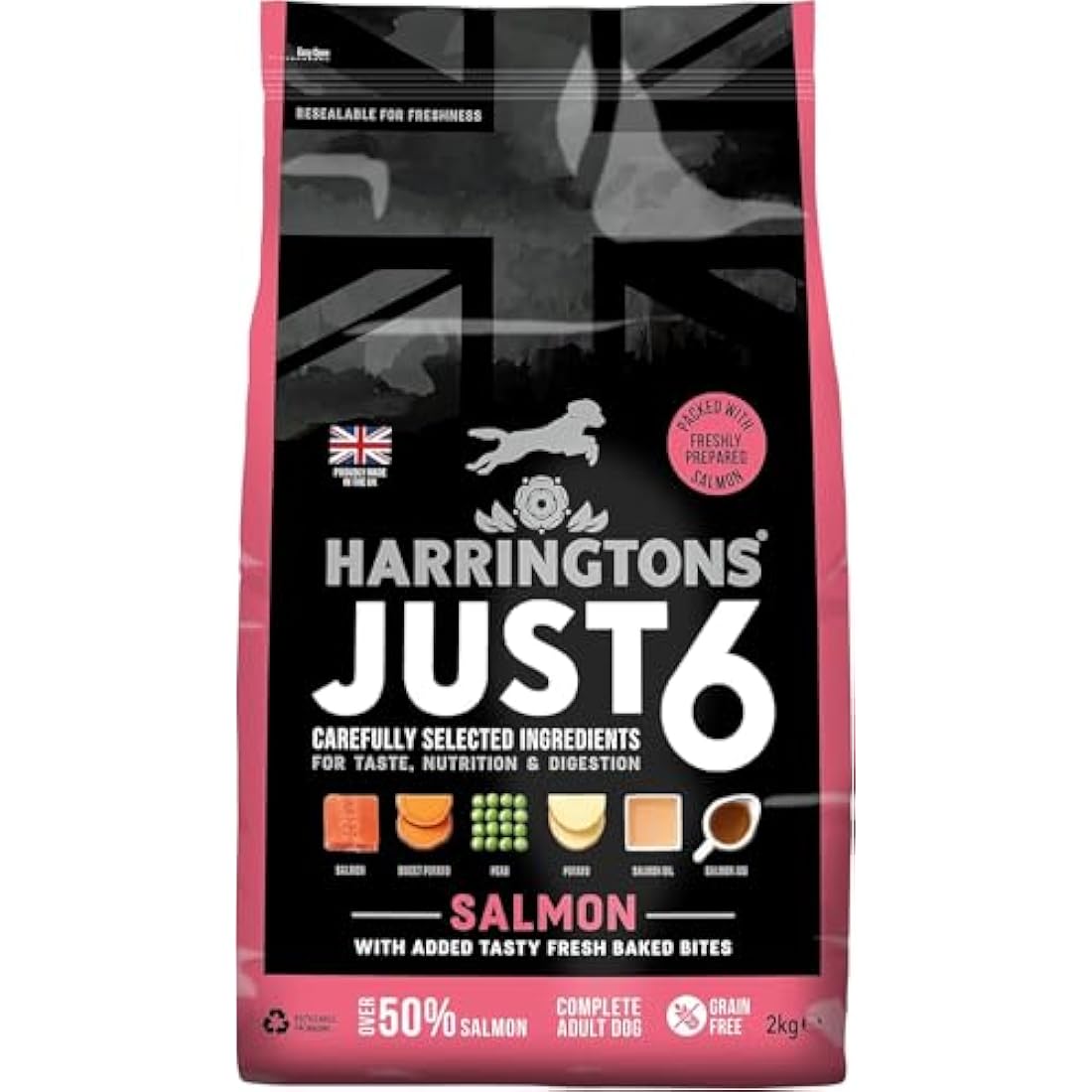 Harringtons Just 6 Complete Grain Free Hypoallergenic Salmon & Veg Dry Adult Dog Food 2kg (Pack of 4) - With Added Fresh Baked Bites