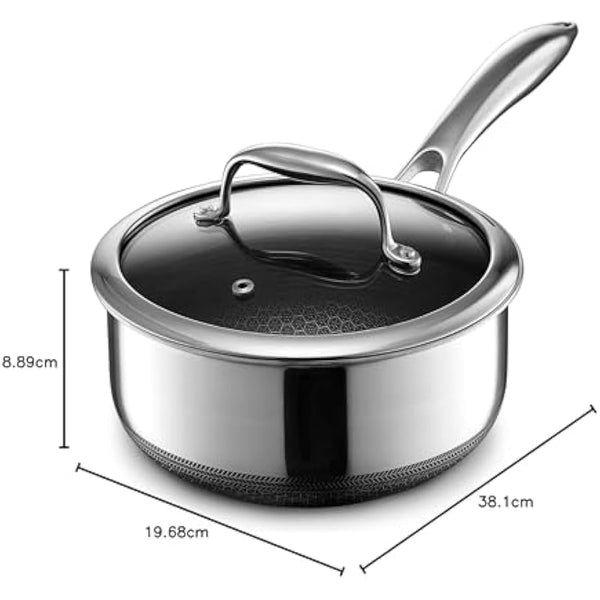 HexClad Hybrid Nonstick 2-Litre Saucepan with Tempered Glass Lid, Stay-Cool Handle, Dishwasher-Friendly, Oven-Safe Up to 480°C, Induction Ready, Compatible with All Cooktops
