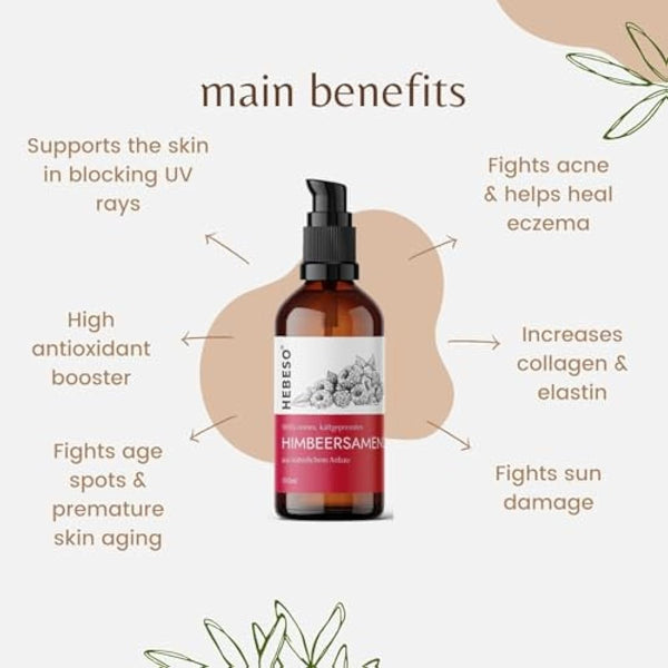 HEBESO - Raspberry seed oil 100% - Cold-Pressed 100ml - Anti-aging, nourishing, rich in vitamins A/E, EFAs - Treats wrinkles, fine lines, dry skin - Face care
