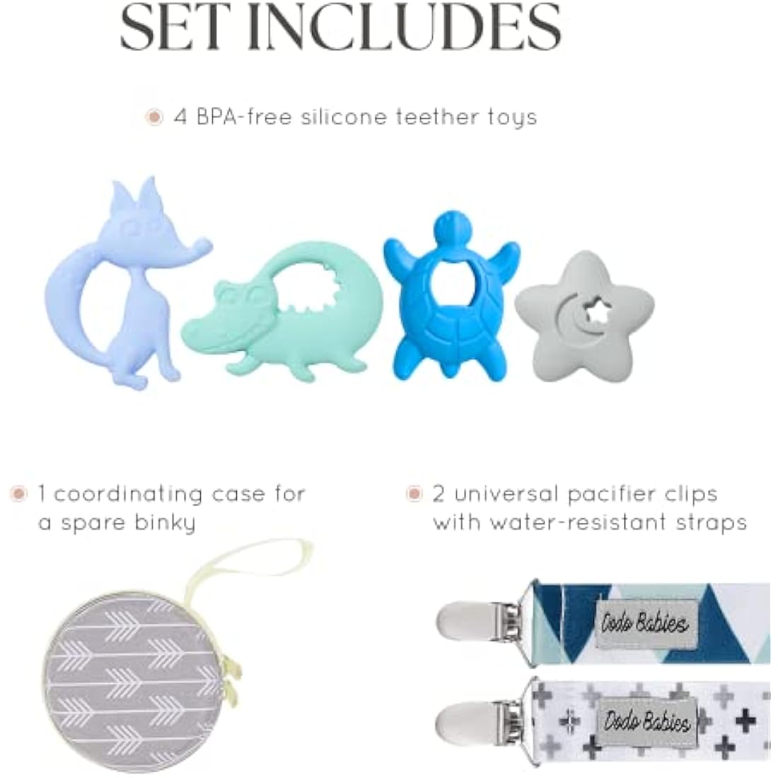 Dodo Babies Teething Toy & Pacifier Clip Set – Silicone Teether Four Pack Plus Two Universal Holder Paci Leashes and Binky Case – Blue Animal Shapes – Great Shower Gift for Baby Girl or Boy
