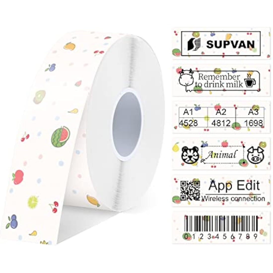 SUPVAN E10 & E11 & E16 Label Maker Tape, 15mm × 6m Genuine Continuous Laminated Thermal Label Tape Refill, Waterproof Oilproof Child-Safe Durable Auto Detect Labels, Black on Fruit