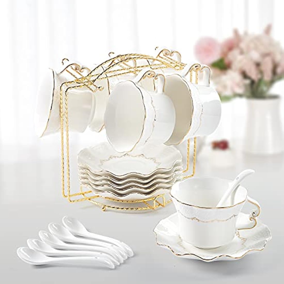 DUJUST Tea Cups and Saucers Set of 6 (200ml /7 OZ), Luxury Tea Cup Set with Golden Trim, Relief Printing Coffee Cups with Metal Stand, British Royal Porcelain Tea Party Set - White