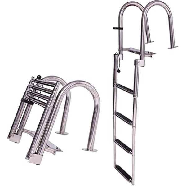 KAOLALI Boat Ladder 4 Steps, Pontoon Boat Ladder Foldable Stainless Steel Marine Rear Entry Telescoping Ladder with Wide Steps Swim Deck Ladder with Pedal Hand Railing Lad Capacity 200 kg