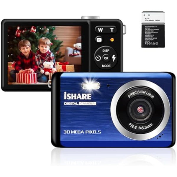 Digital Camera for Photography with FHD 1080P 18X Digital Zoom, 30MP Kids Rechargeable Point and Shoot Cameras,Built-in Microphone,Small Camera for Kids/Adult/Elderly/Beginners(Blue)