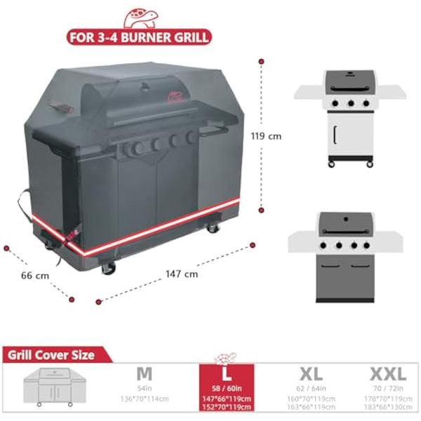 Turtle Life BBQ Grill Cover, 58 Inch Heavy Duty Waterproof 3-4 Burner Barbecue Gas Grill Covers for Weber Spirit Char-Broil Performance and Signature, No Fading Within 2 Years, Black 147x66x119cm