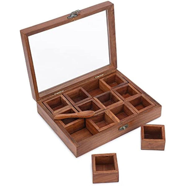 Ajuny Wooden Spice Box - Masala Dabba Organizer with Glass Lid on Top, 12 Removable Compartments and 1 Designer Spoon Spice Storage Container, Ideal for Seasonings & Herbs Best Gifts