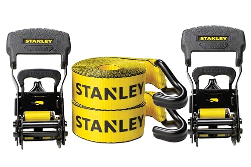 STANLEY S1007 Black/Yellow 1.5" x 16' Ratchet Tie Down Straps - 1,100 lb Safe Working Load / 3,300 lb Break Strength, 2 Pack