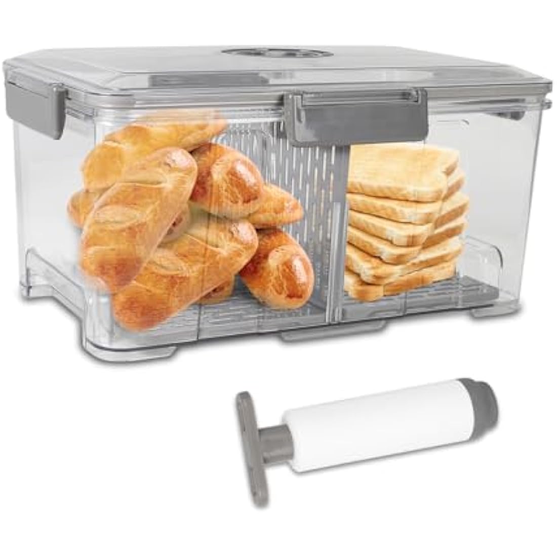 Gzsekken Bread Bin Airtight Bread Storage Container with Pump,Time Recording Bread Box with Lid Plastic Bread Bins for Kitchen Freezer Bread Holder for Homemade Bread, Toast, Bagel, Donut and Cookies