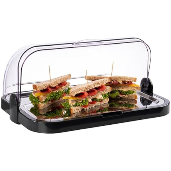 APS Buffet showcase - Double-sided hinged, transparent roll-top bonnet, one bowl, one stainless steel tray and two cooling batteries - Made in Germany