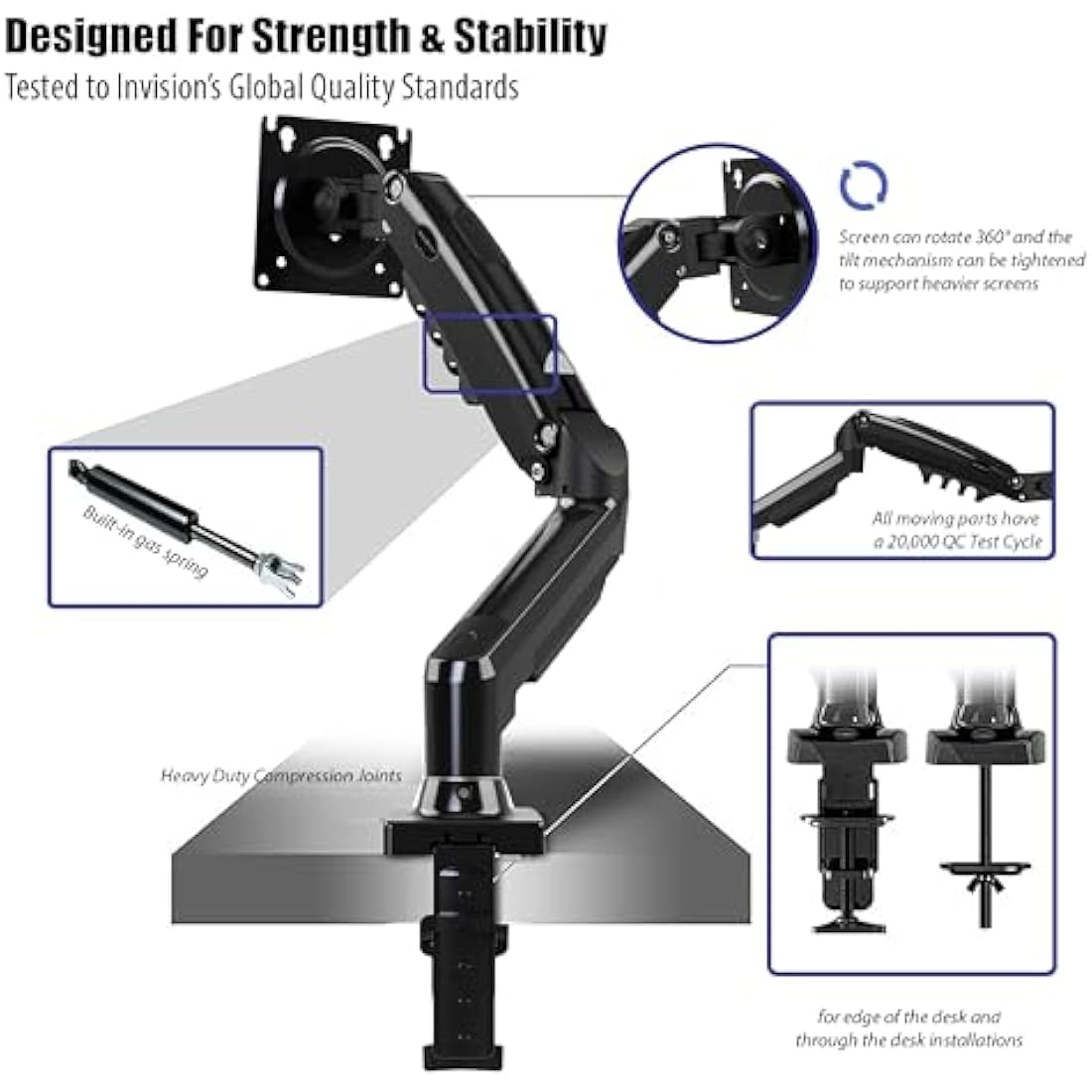Invision PC Monitor Arm Ergonomic Height Adjustable Gas Assisted Full Motion | Single Arm Desktop Clamp Mount for 17–27” Screens with Tilt Swivel Extend | VESA 75mm/100mm Weight 2kg-6.5kg (MX150)