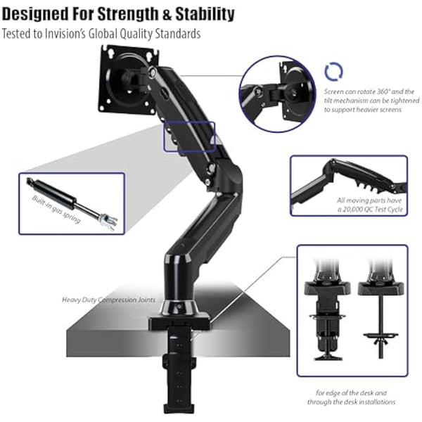 Invision PC Monitor Arm Ergonomic Height Adjustable Gas Assisted Full Motion | Single Arm Desktop Clamp Mount for 17–27” Screens with Tilt Swivel Extend | VESA 75mm/100mm Weight 2kg-6.5kg (MX150)