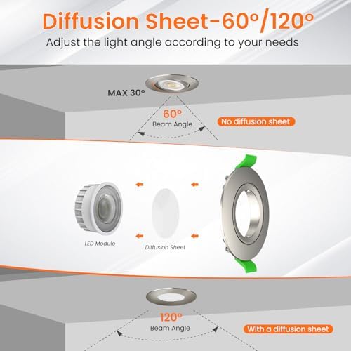 ALUSSO Tilt LED Downlights Dimmable 6W, 540lm Ultra Slim Spotlights 75-78mm, 3CCT Tilt Recessed Lights Warm White 3000K Natural White 4000K Cool White 6500K for Kitchen Living Room, Nickel