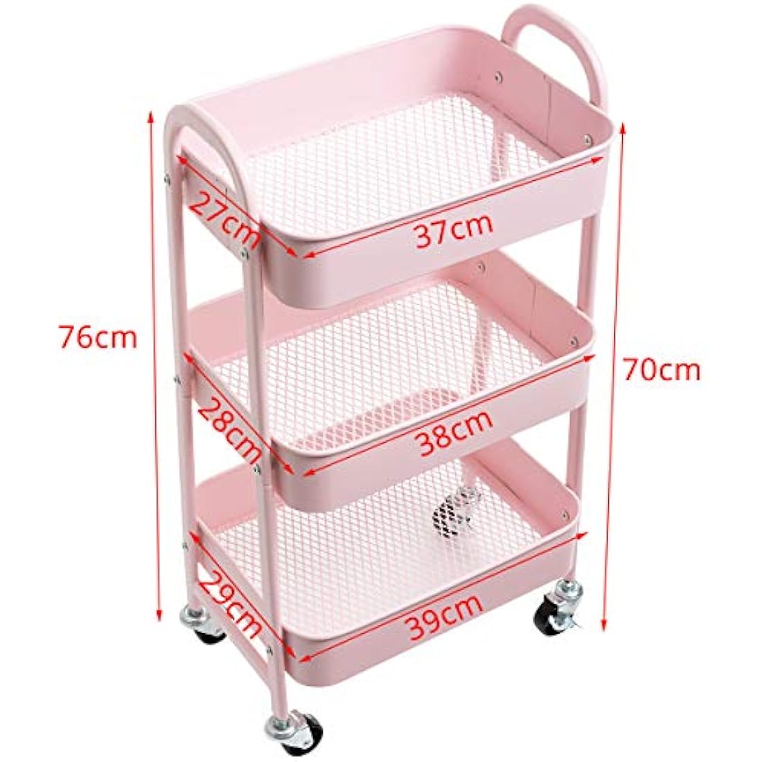 DOEWORKS Storage Cart 3 Tier Trolley Kitchen & Beauty Trolley Metal Rolling Storage Organizer Cart on Wheels for Bedroom, Makeup, Bathroom, Office, Light Pink