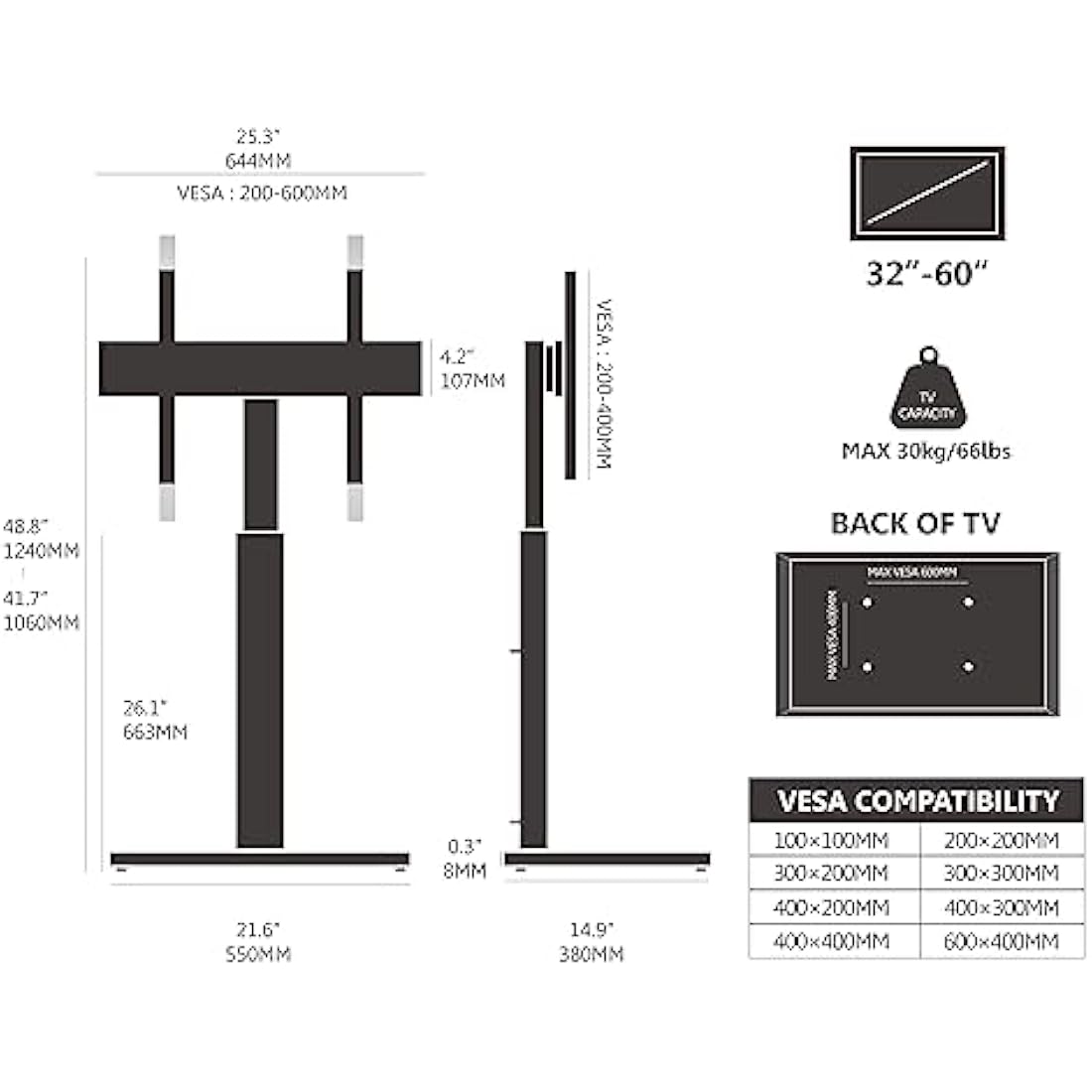 FITUEYES TV Floor Stand for 32 to 60 inch TVs, Floor Standing TV Stand with Swivel Bracket, Height Adjustable, Holds 30kgs, Max VESA 600x400mm Black