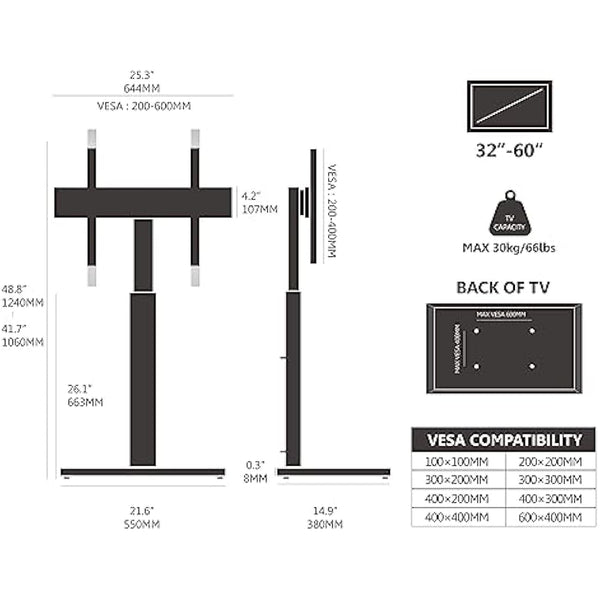FITUEYES TV Floor Stand for 32 to 60 inch TVs, Floor Standing TV Stand with Swivel Bracket, Height Adjustable, Holds 30kgs, Max VESA 600x400mm Black