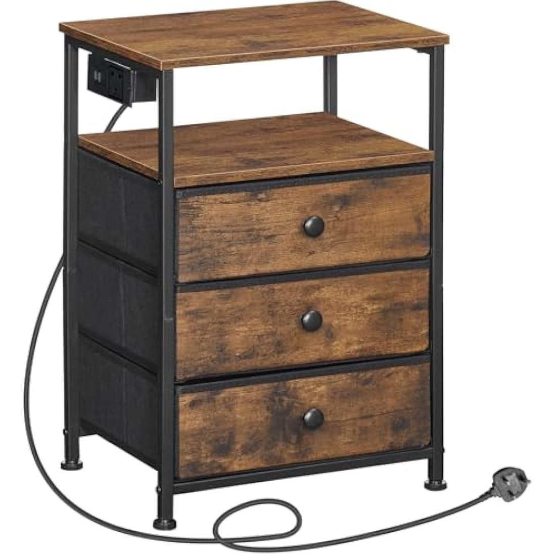 HOOBRO Bedside Table with Charging Station, End Table with 3 Fabric Drawers, Sofa Side Table with USB Ports and Socket, Nightstand for Bedroom, Living Room, Rustic Brown and Black EBF403KBZ01