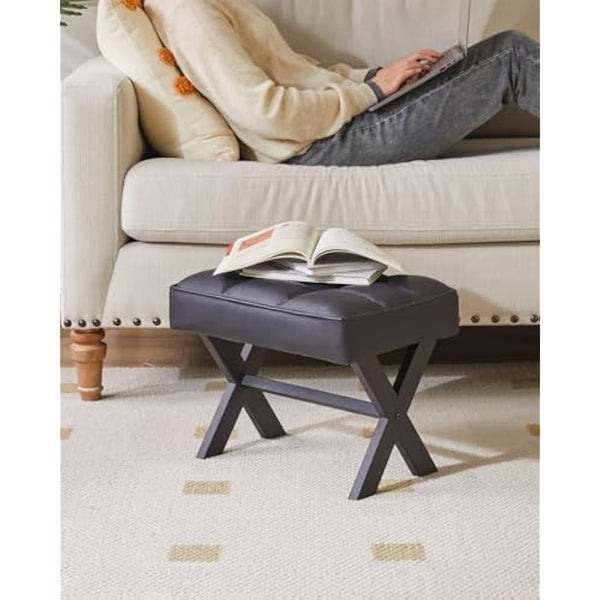 IBUYKE Small 12" H Footrest Stool, Square PU Foot Stool with Metal X-Leg, Multi-Use as Small Side Table, Step Stool for Living Room, Bedroom, Entryway, Office, Black WBD012B