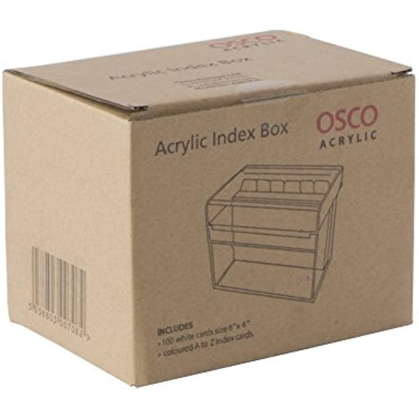 OSCO Clear Acrylic Index Box | Regular | A to Z Divider Tabs | 100 Lined Note Sheets Included (6" X 4") | Ruled Revision Flash Cards | Recipe Notes | Office Contacts Filing | Fits A6 Docs