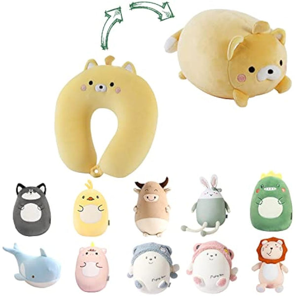 JOYRAVO Kids Travel Pillow - 2-in-1 Deformable Neck Pillow, Soft U-Shaped Pillow with Cute Plush Animals Comfy Sleep and Play Companion for Airplanes, Cars, and Travel - Yellow Bear