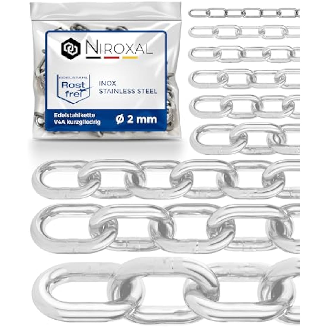 100 m 2 mm thick safety chain, sold by the metre, V4A, iron chain, short links in one piece, barrier chain, A4, DIN 56856, stainless steel, DIN 766, stainless steel chain, metal 100 m