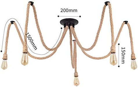 DIY Hemp Rope Retro Industrial Chandelier,Industrial 5 Lights Pendant Light Fitting,Retro E27 Edison Style Lamp/Living Room Restaurant Pendant Lights/Light Fixture,5 Lights(lampbulb is not Included)