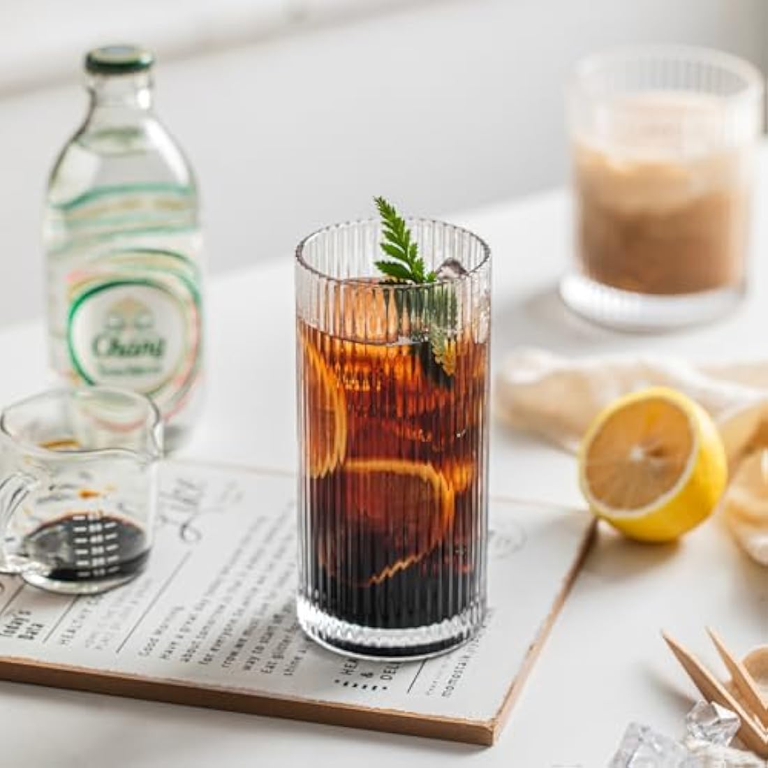 INSETLAN Ribbed Drinking Glasses Set of 6, 370ml Origami Design Ribbed Glassware, Highball Glasses for Juice, Water, and Cocktails, Perfect for Home, Restaurants, and Parties | Dishwasher Safe