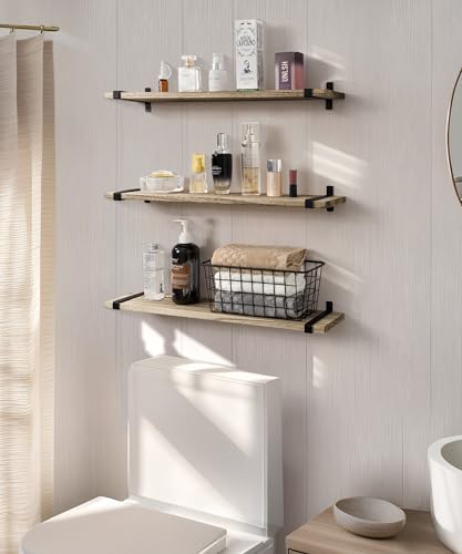 Gronda Rustic Floating Shelves 60CM, Wooden Wall Mounted Shelf Long Storage Hanging Shelf Farmhouse Display for Bedroom Living Room Bathroom Kitchen