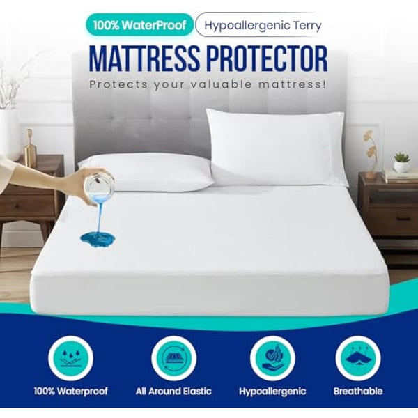 Sunshine Comforts 100% Cotton Terry Towel Waterproof Fitted Bed Sheet Mattress Protectors Topper Cover Breathable Super Absorbent Stain Proof Non-Allergenic & Non-Noisy (Super King (183X203 cm))