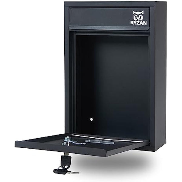 RYZAN Wall Mounted Mailbox Steel Postbox Modern Delivery Letterbox For Outside With Nameplate Easy To Install Lockable Weatherproof Large Letter Post Mail ‎8.5 x 21.5 x 32 cm Outdoor With Keys, Black