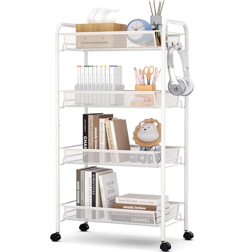 APEXCHASER 4-Tier Rolling Cart,Easy Assemble Mobile Storage Trolley On Wheels,Slide Out Utility Cart Shelving Units Kitchen Bathroom Laundry