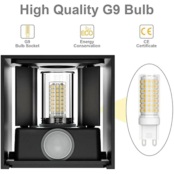 Klighten 2PCS Outdoor Wall Light with Motion Sensor, Waterproof IP54 Outside Wall Lamps with Sensor, Adjustable Beam Angle, Natural White 4000K, Black (G9 LED Bulb Include)