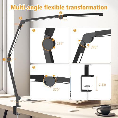 AILBTON LED Desk Lamp with Clip,Multi-Angle Flexible 4 Sections 3 Light Sources Office Desk Lamp,4 Color Temperatures and 5 Brightness Levels,Night Eye Care Table Lamp