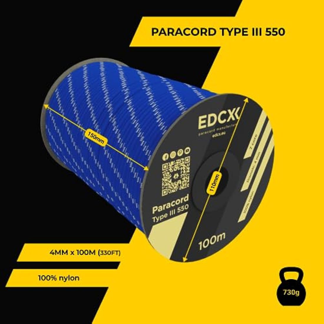 EdcX 4mm Rope 550 - Type III, 100% Rope, 7 Strand Rope, 4mm Rope in Solid Colors