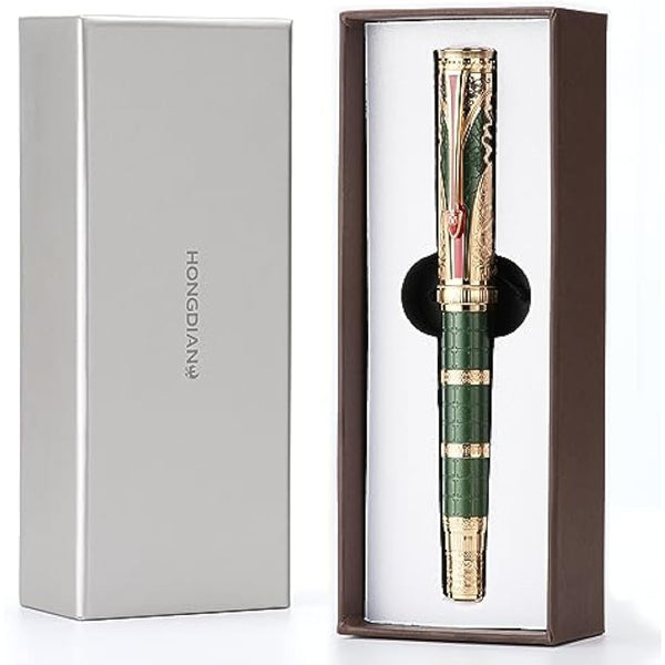 Hong Dian D5 Qin Dynasty Fountain Pen - Green Gold, Extra Fine Point, Piston Filler, Chinese Totem Retro Engraved Soft Writing Pen Set