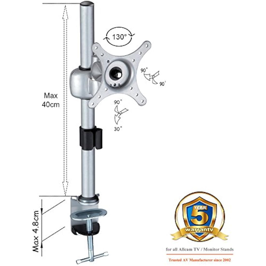 Allcam MDM01 Single Monitor Arm Stand w/Desk Clamp Mount, for 17"-27" LCD/LED Screens in Silver