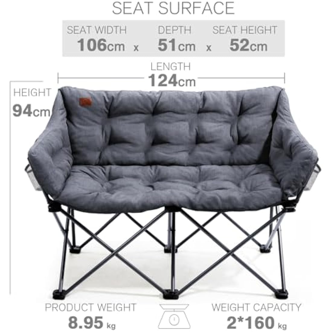 EVER ADVANCED Camping Chair Double for Adults 6cm Padded 320kg Folding 2 Seater Sofa with Side Pocket Dining Garden Outdoor Heavy Duty Luxury Fishing Chair Portable Oversized Comfy Lightgrey